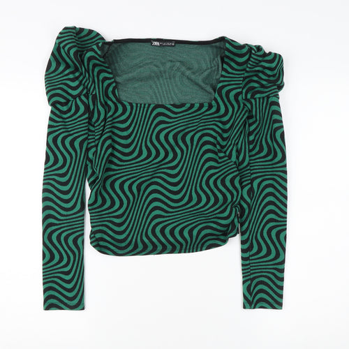 Zara Women’s Green Geometric Blouse, Size S, Puff Sleeve