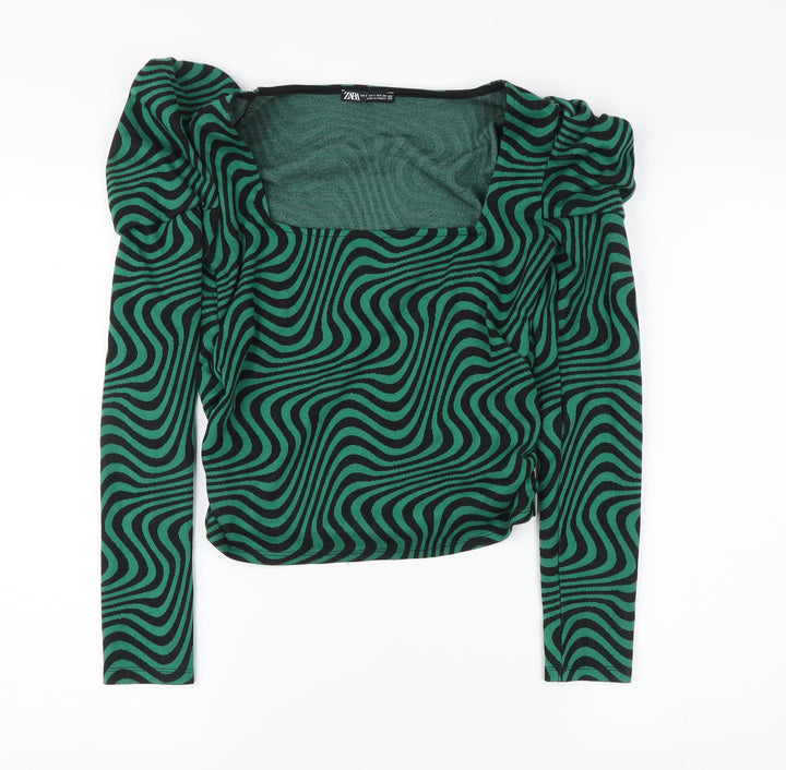 Zara Women’s Green Geometric Blouse, Size S, Puff Sleeve