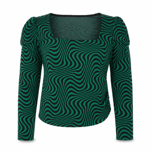 Zara Women’s Green Geometric Blouse, Size S, Puff Sleeve