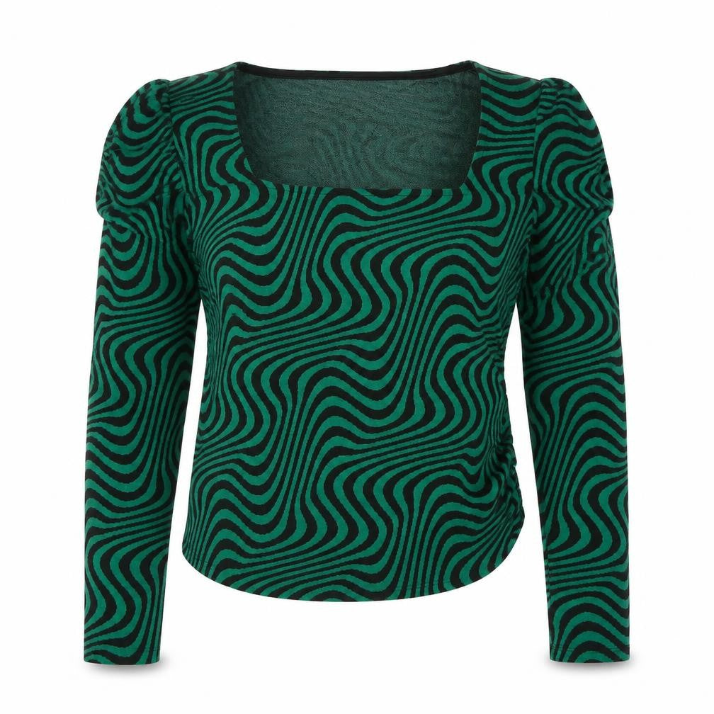 Zara Women’s Green Geometric Blouse, Size S, Puff Sleeve