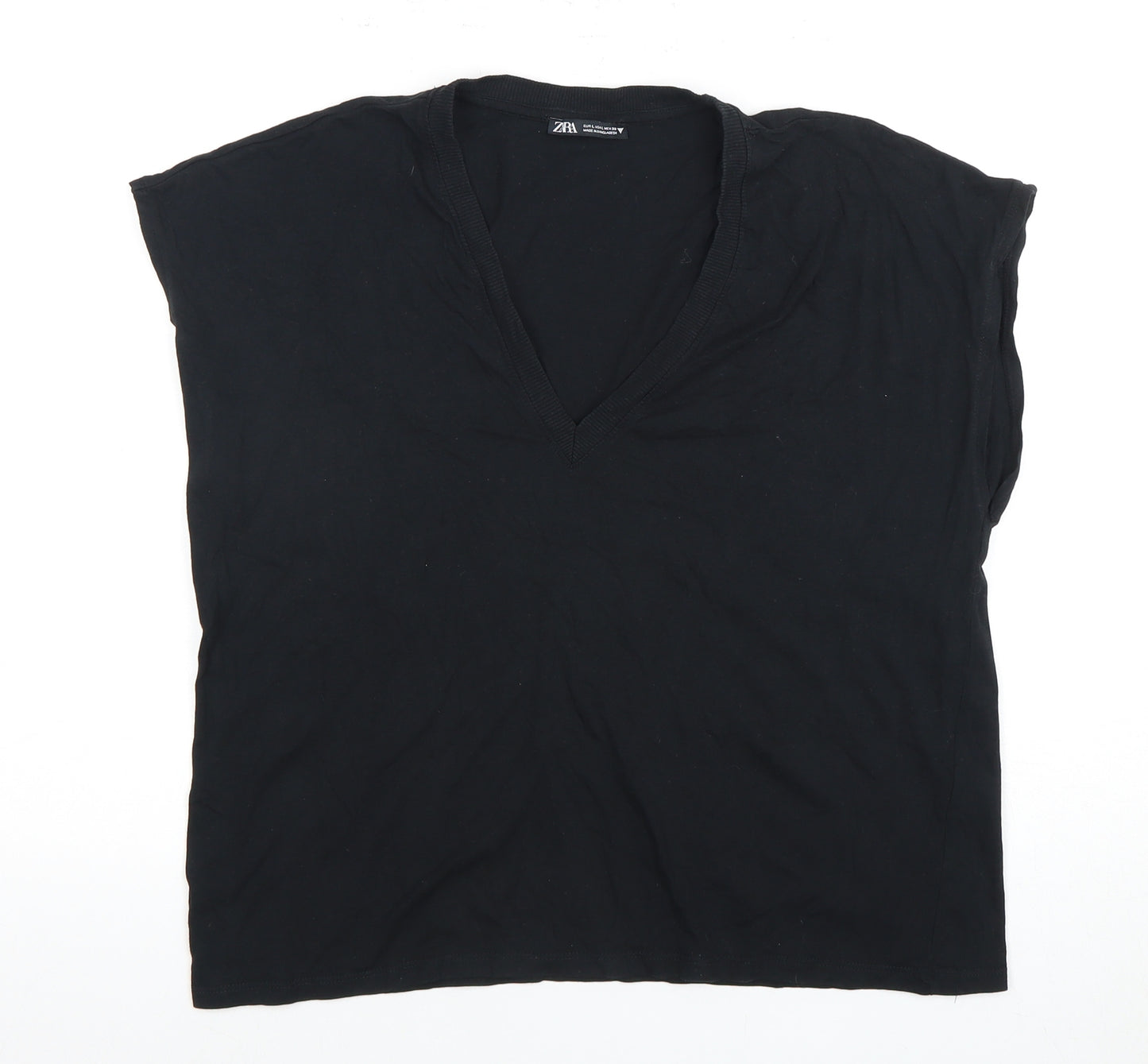 Zara Women's Black V-Neck T-Shirt Size 12