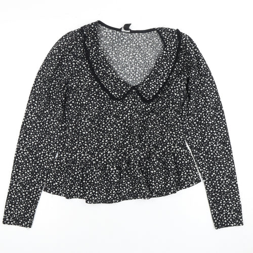New Look Women's Black Floral Collared Blouse Size 10