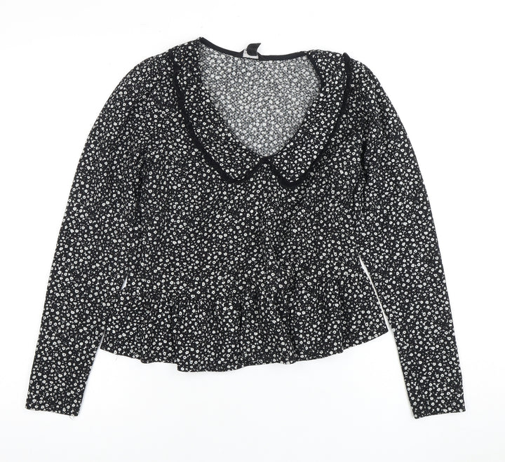 New Look Women's Black Floral Collared Blouse Size 10