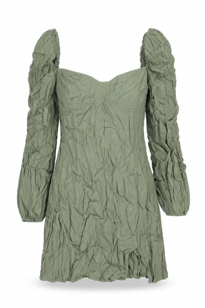 Front view of Whitted Women's Green Smocked Long Sleeve Dress