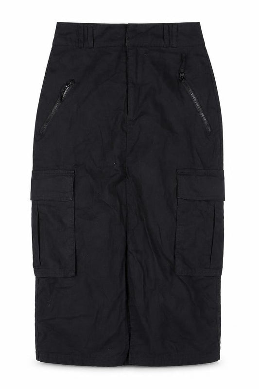 Front view of Stradivarius Women's Black Cargo Midi Skirt, size 6, with Pockets