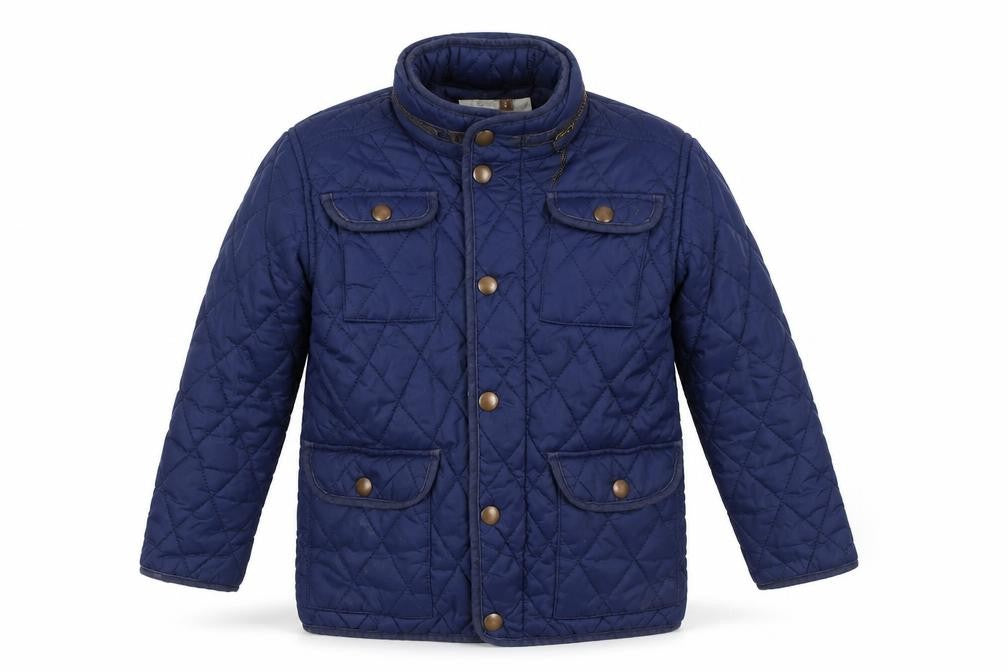 Front view of John Lewis boys’ blue quilted jacket, 5 years, casual