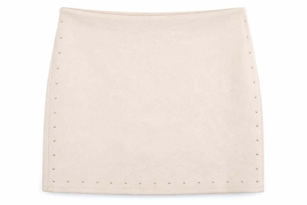 Front view of Next Women's Beige Mini Pencil Skirt, size 16, Studded