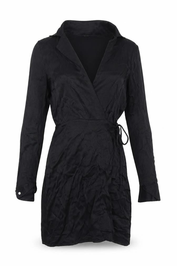 Front view of Mango Women's Black XS Wrap Dress Long Sleeve