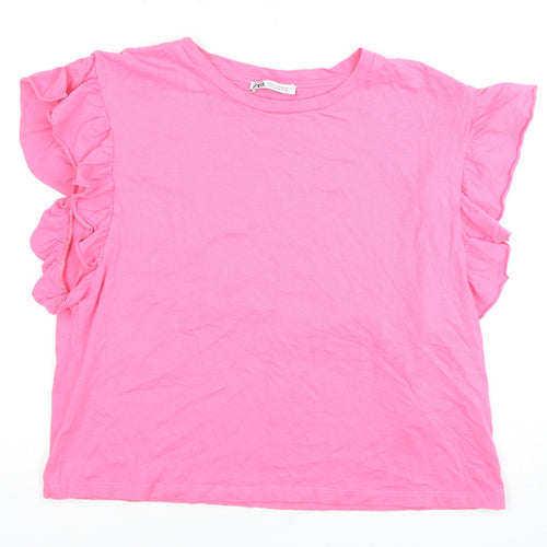 Zara Women's Pink Ruffle Sleeve T-Shirt - M, Cotton