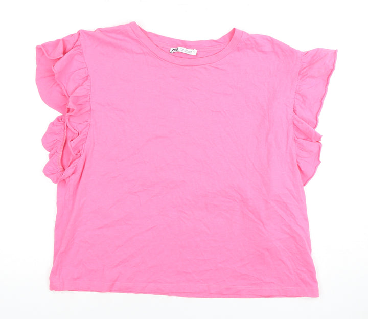 Zara Women's Pink Ruffle Sleeve T-Shirt - M, Cotton