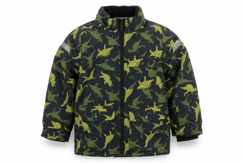 Front view of H&M boys’ green dinosaur parka, winter jacket, 7-8 years