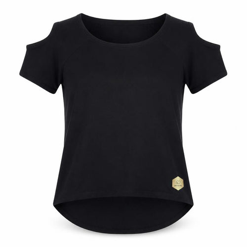 SkinniFit Women’s Black Cold Shoulder T-Shirt, Size S