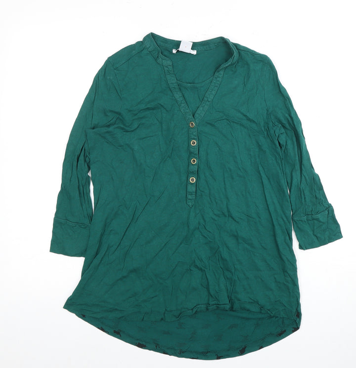 Mamas & Papas Women's Green Animal/Cats Print Button-Up 3/4 Sleeve Top