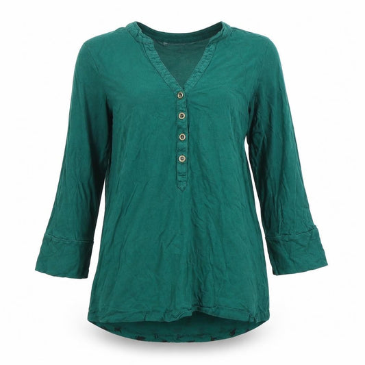 Front view of mamas & papas Women's Green Animal/Cats Print Button-Up 3/4 Sleeve Top