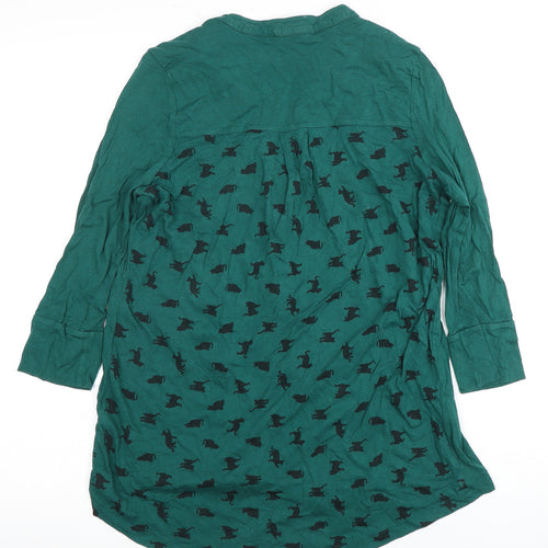 Mamas & Papas Women's Green Animal/Cats Print Button-Up 3/4 Sleeve Top