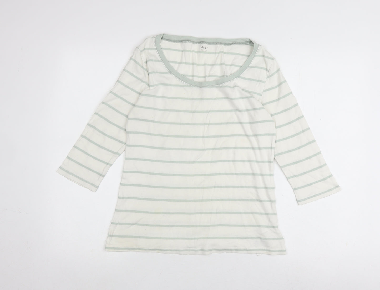 Gap Women's White Striped Top L 3/4 Sleeve Scoop Neck