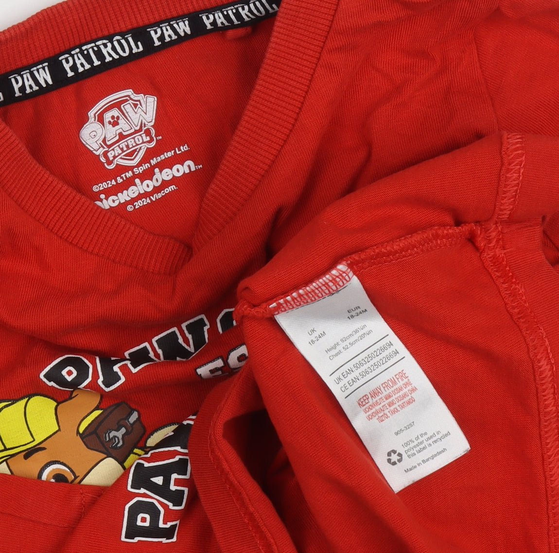 Boys Paw Patrol Red T-Shirt, Long Sleeve, Size 12-18M