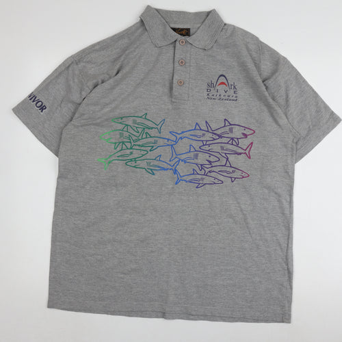 Mens Grey Graphic Polo Shirt XL Short Sleeve Cotton