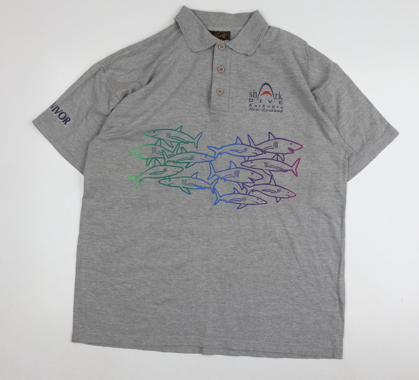 Mens Grey Graphic Polo Shirt XL Short Sleeve Cotton