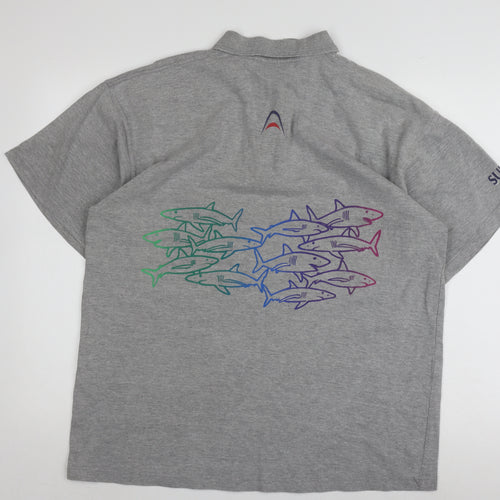 Mens Grey Graphic Polo Shirt XL Short Sleeve Cotton