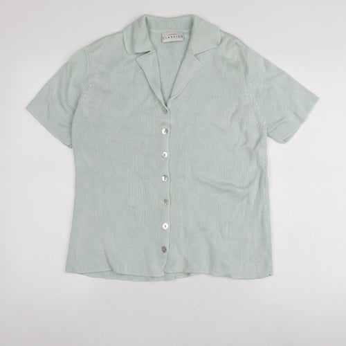 Modern Classics Women's Green Short Sleeve Collared Button Front Knit Top