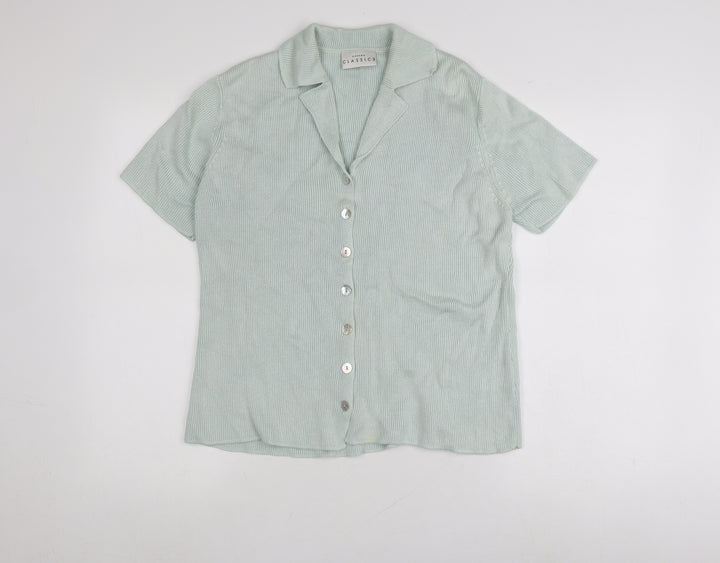 Modern Classics Women's Green Short Sleeve Collared Button Front Knit Top