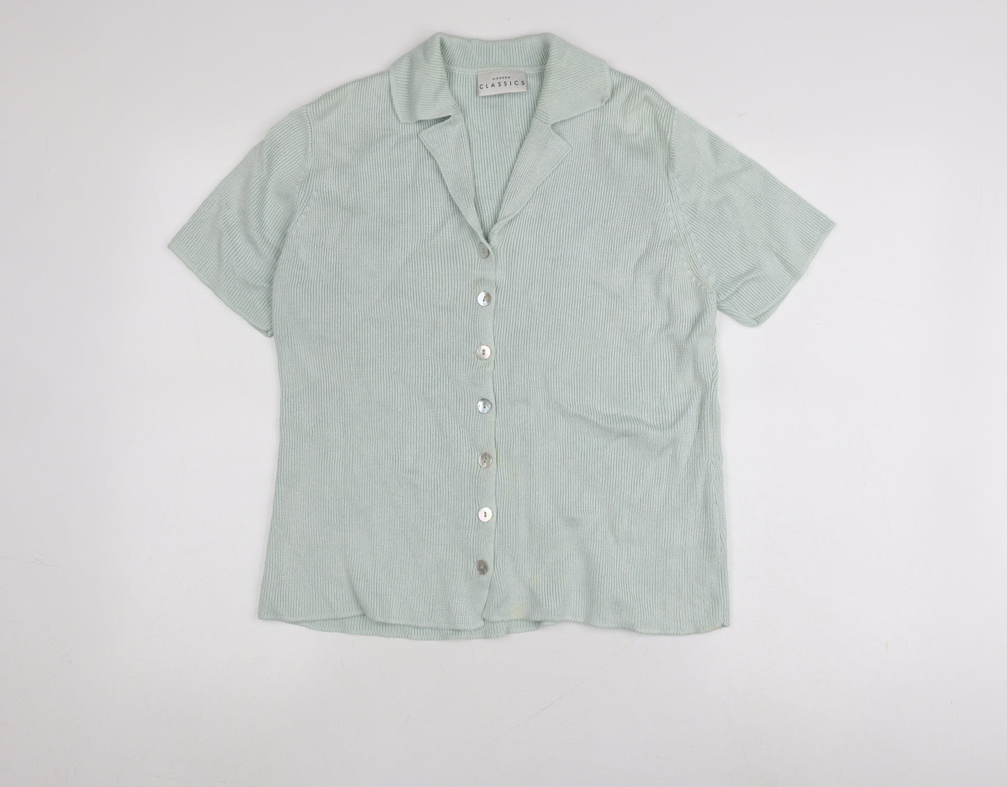 Modern Classics Women's Green Short Sleeve Collared Button Front Knit Top