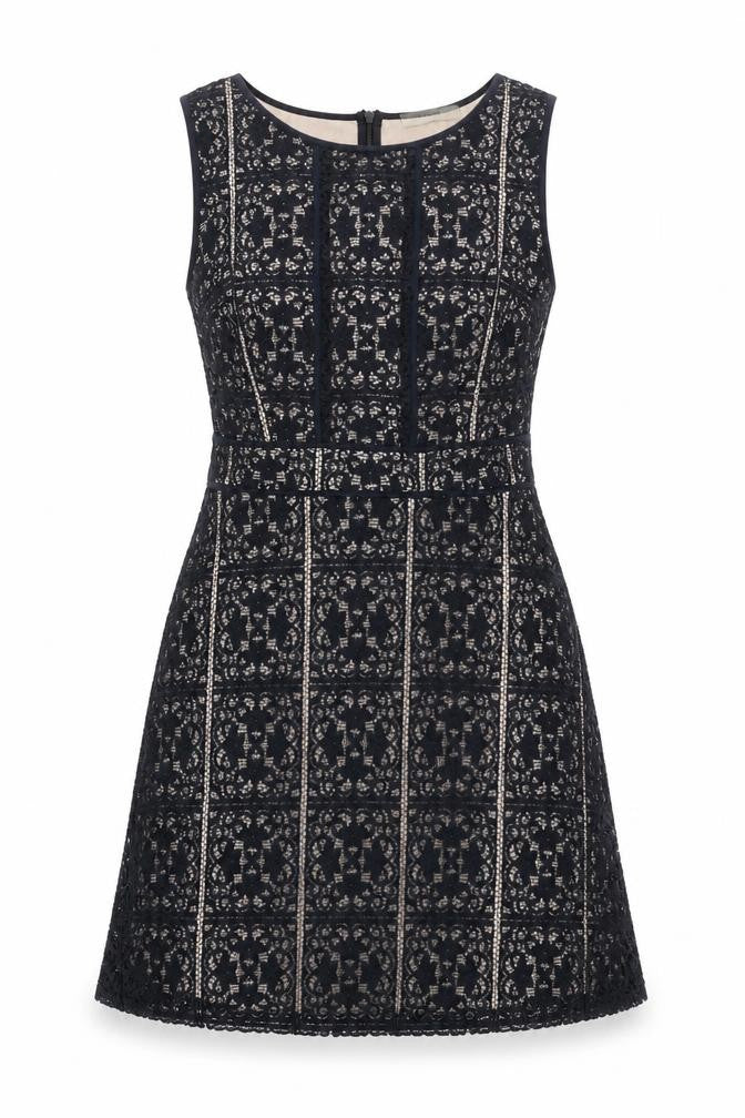 Front view of Oasis Women's Black A-Line Lace Dress, M