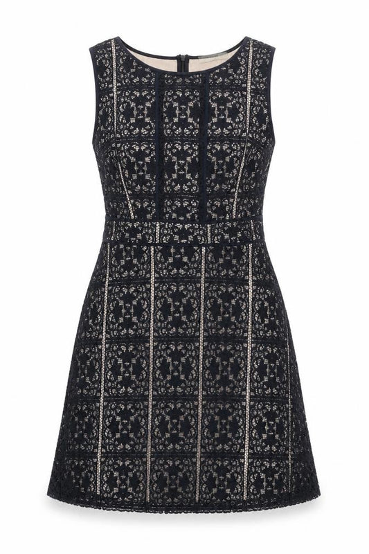 Front view of Oasis Women's Black A-Line Lace Dress, M