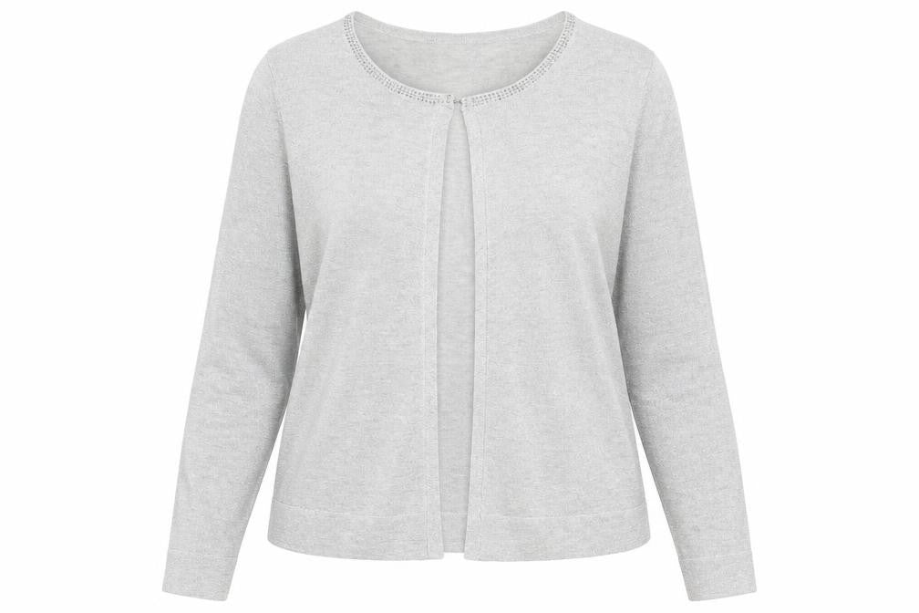 Front view of Wallis Women's Grey Cardigan, size L, Crew Neck