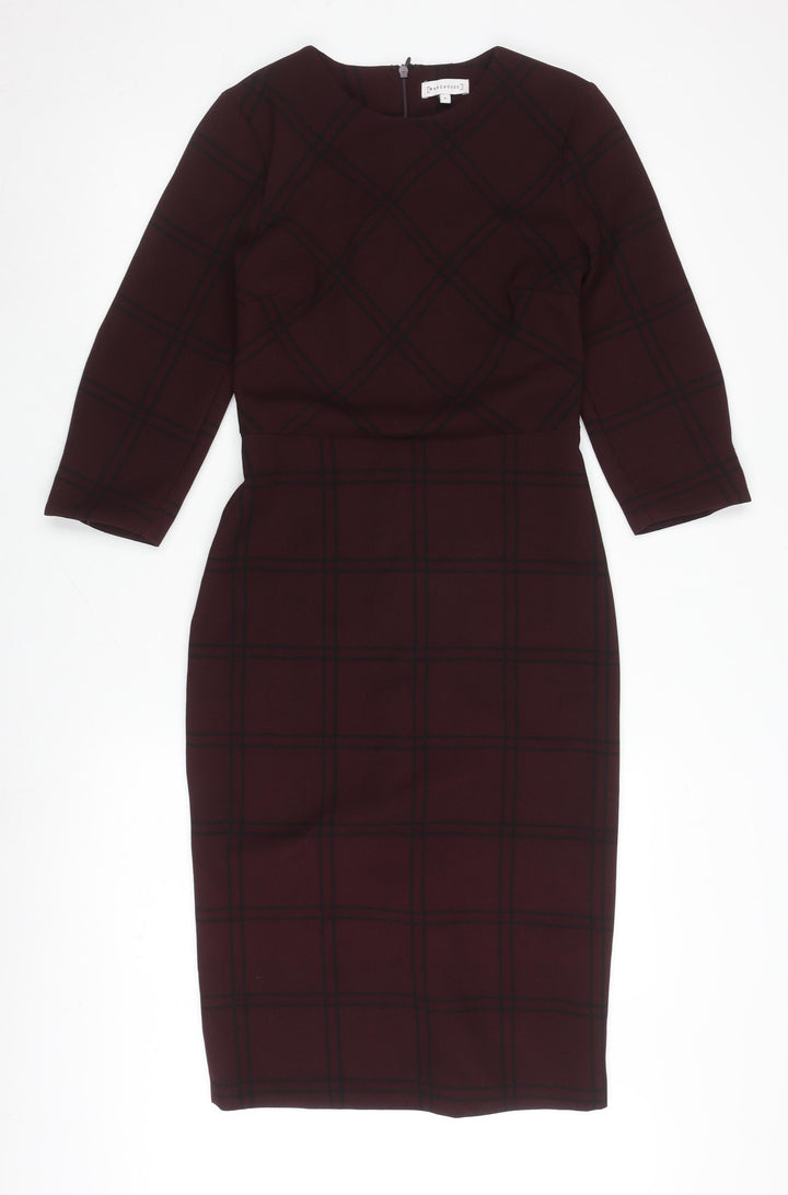 Warehouse Women's Brown Midi Plaid Sheath Dress Size 8
