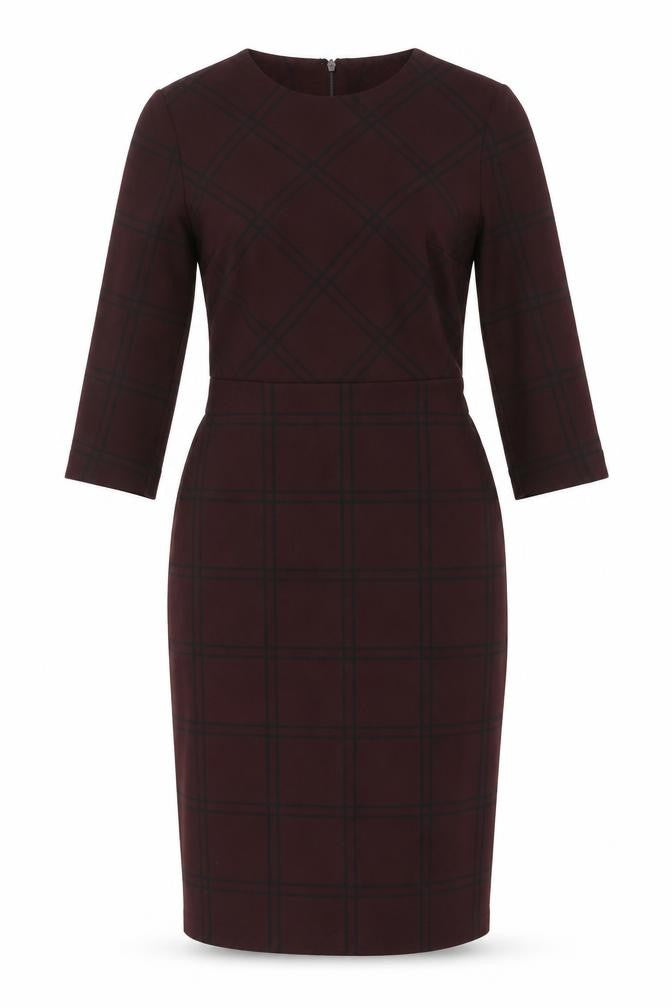 Front view of Warehouse Women's Brown Midi Plaid Sheath Dress, size 8