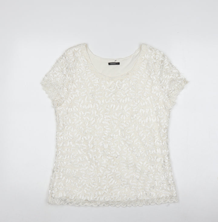 Roman Women's White Crochet Sequin T-Shirt Size 14