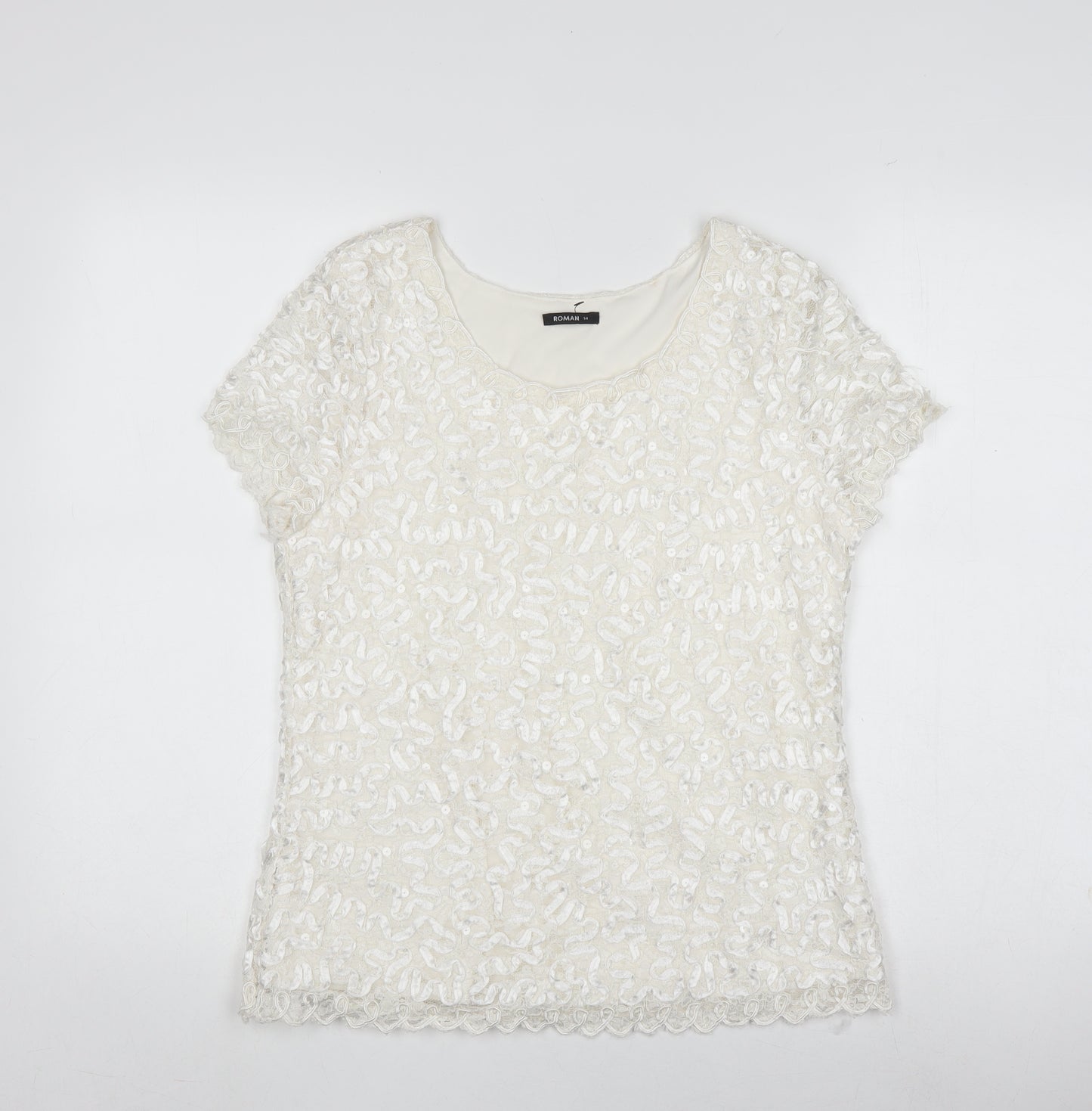 Roman Women's White Crochet Sequin T-Shirt Size 14