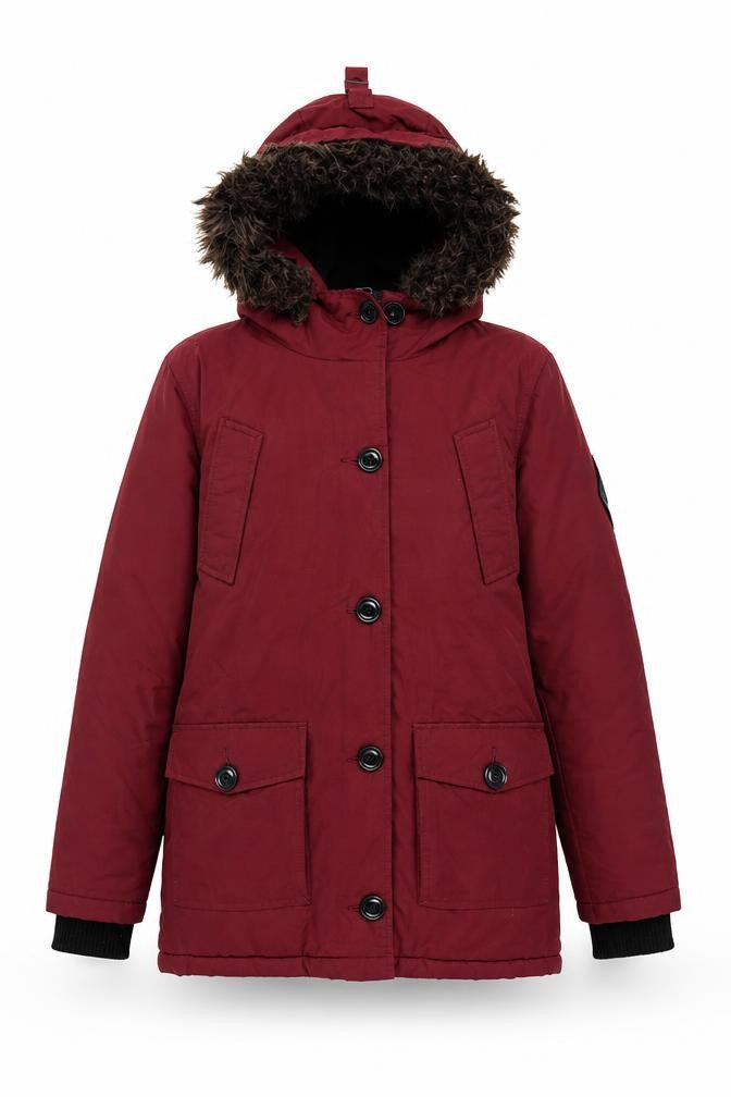 Front view of Superdry Women's Red Parka Coat XS