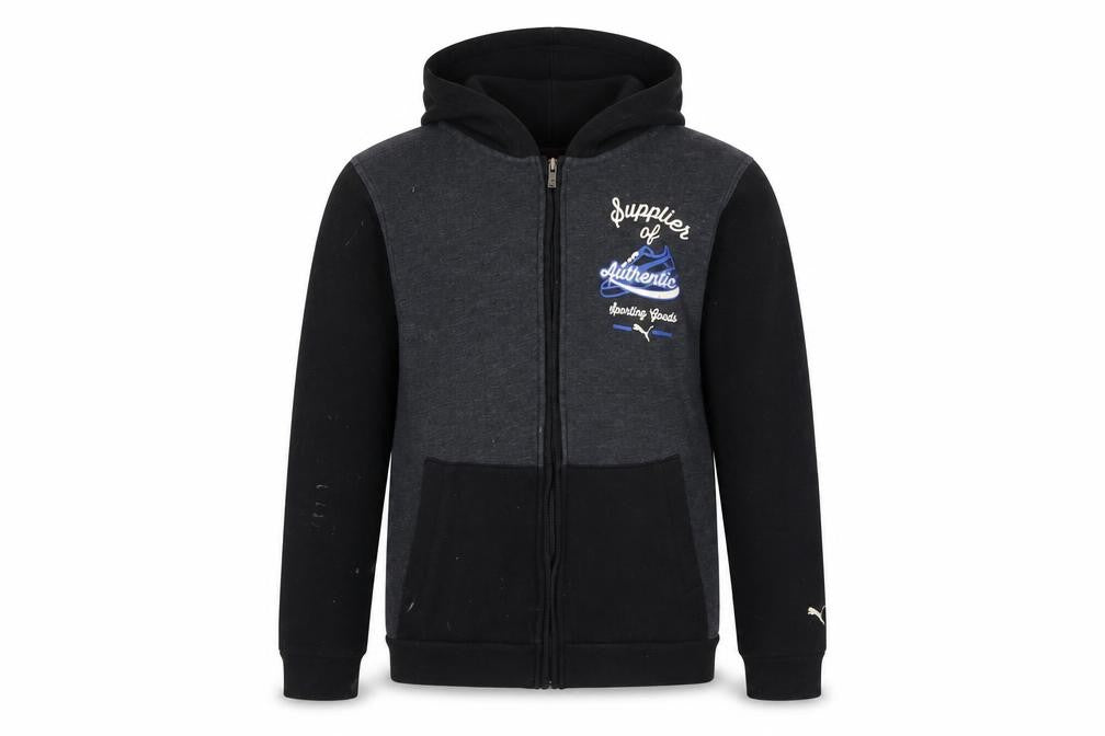 Front view of Puma boys’ xl black full zip hoodie with logo