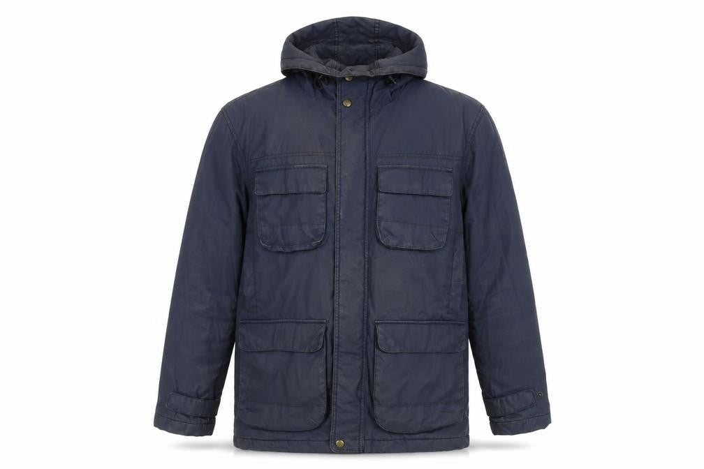 Front view of Peter Storm Men's Blue Parka Jacket, size M, Hooded