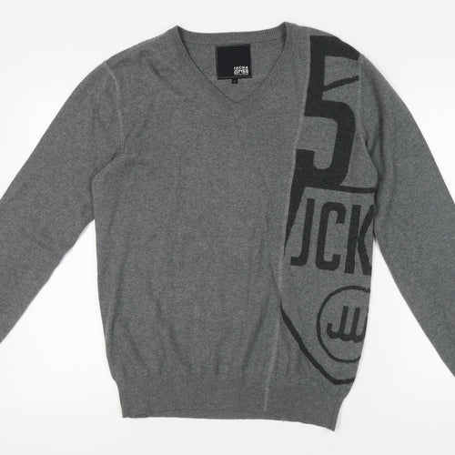 Jack & Jones Men's Grey Graphic V-Neck Pullover Jumper - L