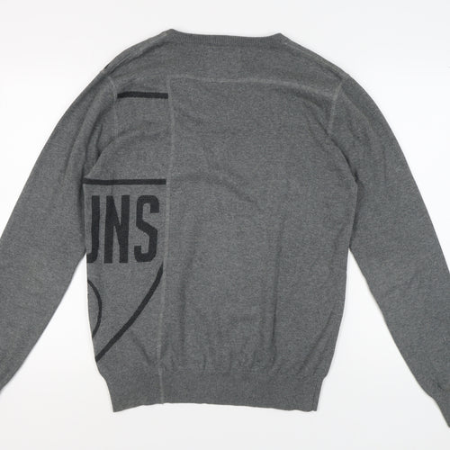 Jack & Jones Men's Grey Graphic V-Neck Pullover Jumper - L
