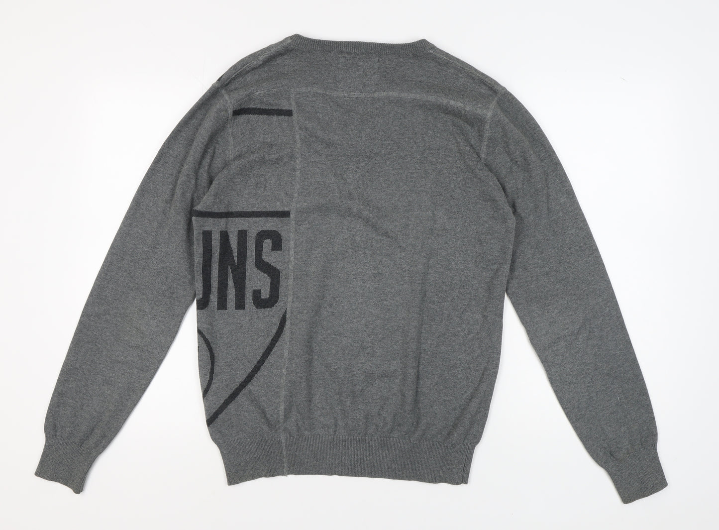Jack & Jones Men's Grey Graphic V-Neck Pullover Jumper - L