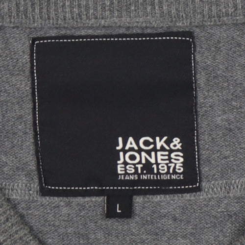 Jack & Jones Men's Grey Graphic V-Neck Pullover Jumper - L