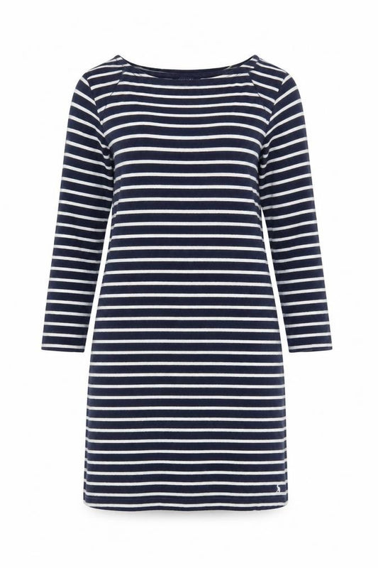 Front view of Joules Women’s Striped T-Shirt Dress, size UK 12, Blue