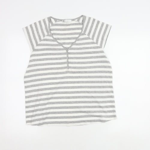 Bhs Women's Grey & White Striped V-Neck Top - Size 20