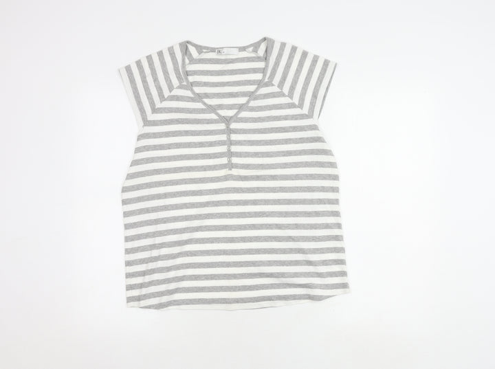 Bhs Women's Grey & White Striped V-Neck Top - Size 20