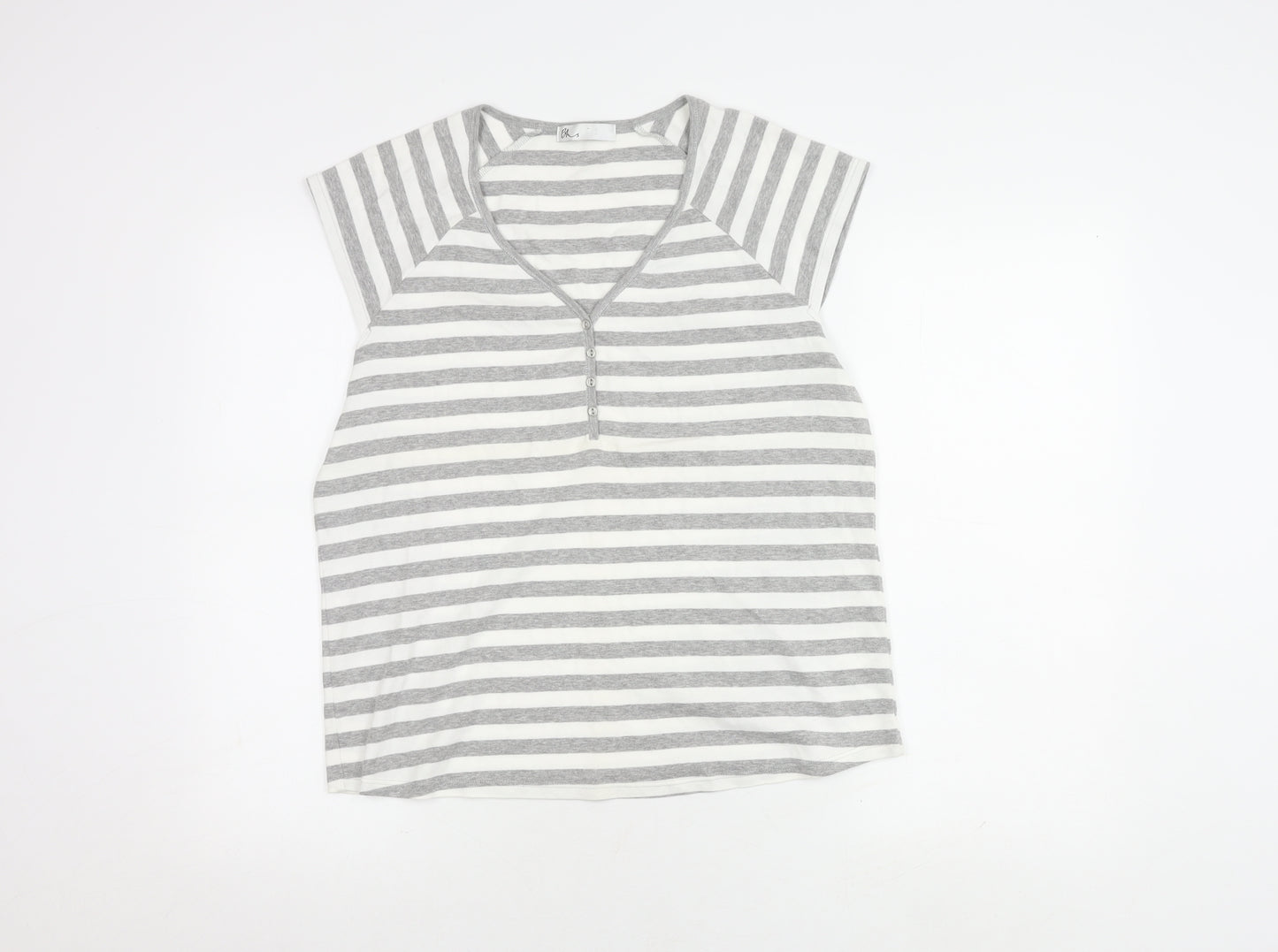 Bhs Women's Grey & White Striped V-Neck Top - Size 20
