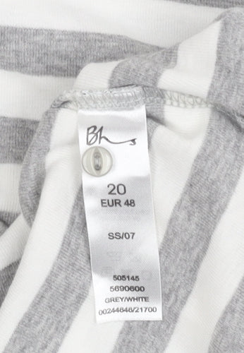Bhs Women's Grey & White Striped V-Neck Top - Size 20