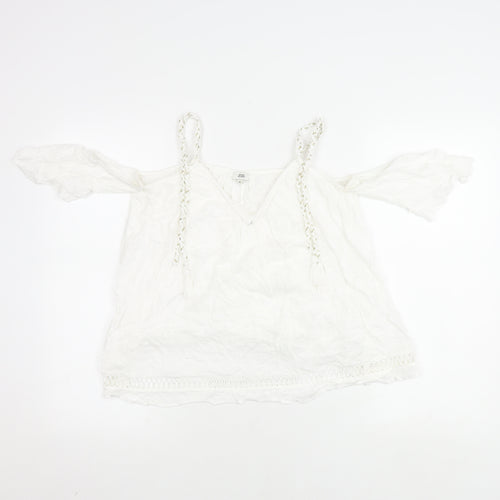 River Island Women's White V-Neck Tasselled Top Size 8