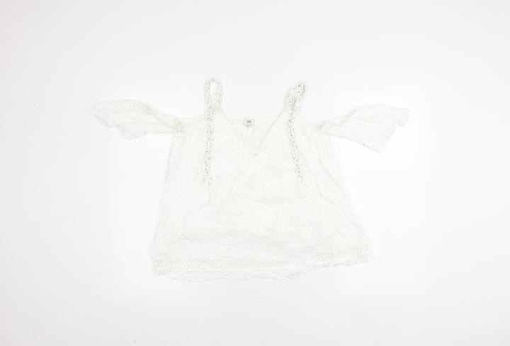 River Island Women's White V-Neck Tasselled Top Size 8
