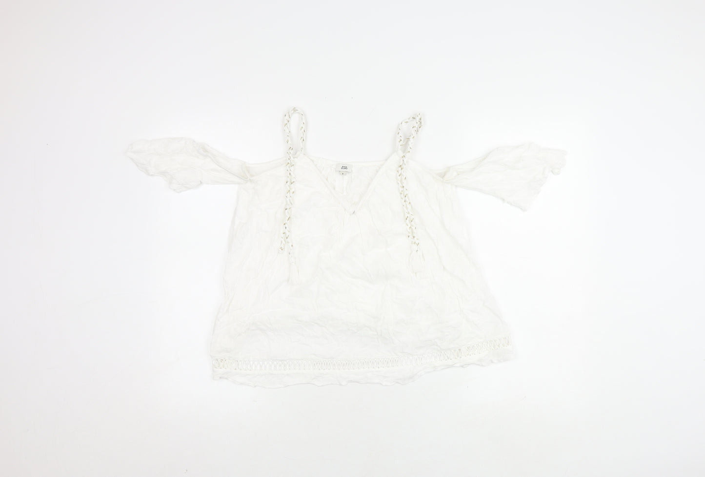 River Island Women's White V-Neck Tasselled Top Size 8