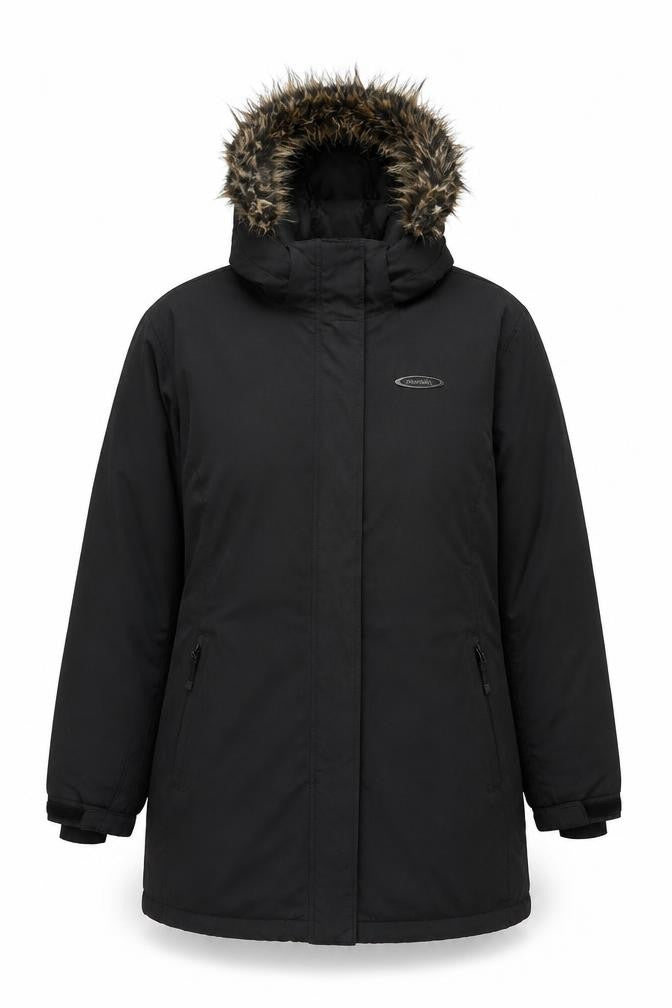 Front view of Mountain Life Women's Black Parka Jacket, size 14, Waterproof